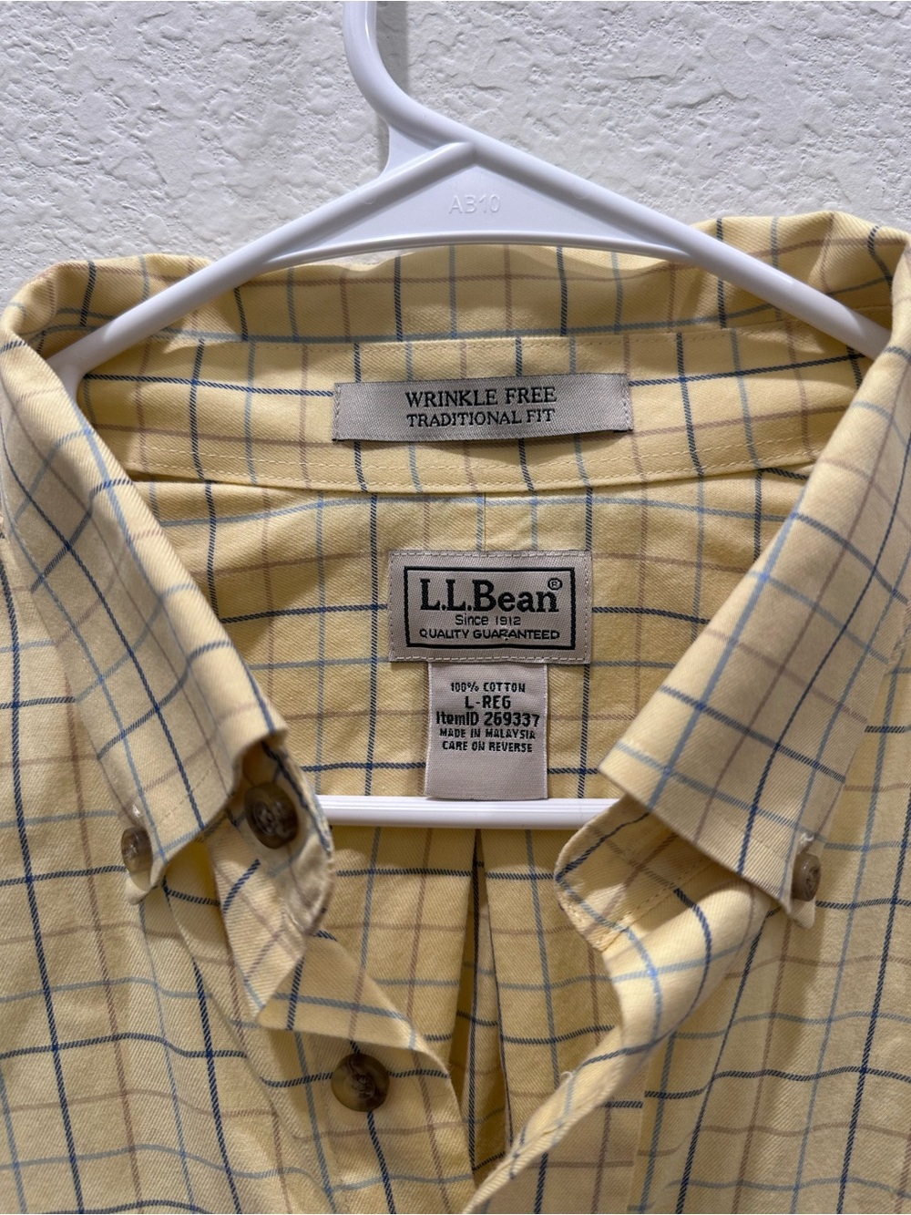 LL Bean Mens Wrinkle Free Traditional Fit Yellow Tattersall Shirt L-REG 269337 - Picture 2 of 3